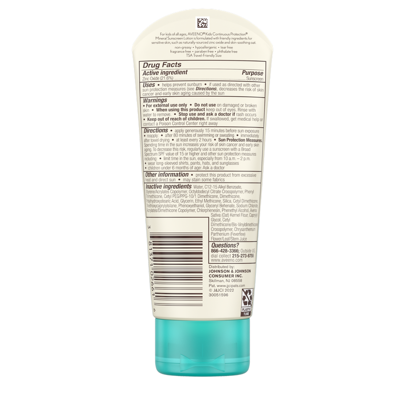 Aveeno Kids Continuous Protection Broad Spectrum SPF 50 Mineral Sunscreen 88ml (Canada)